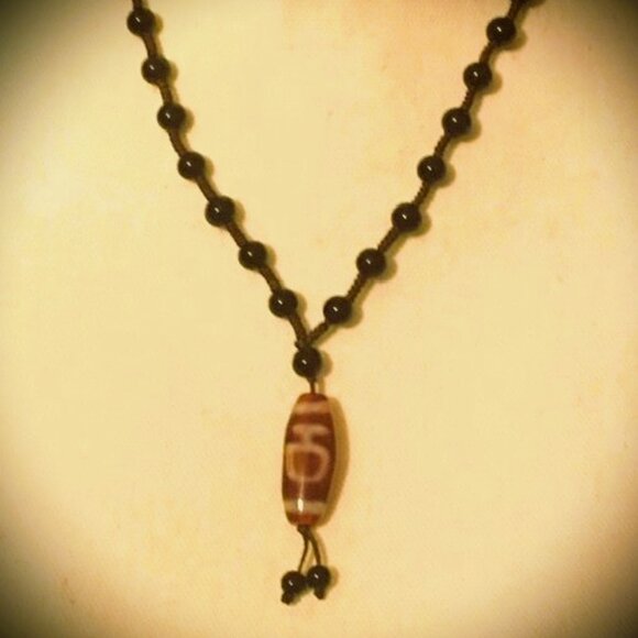 Vintage Tibetan Mala (Prayer Beads) w/ Fire Agate Dzi and Black Obsidian Beads - Picture 3 of 10